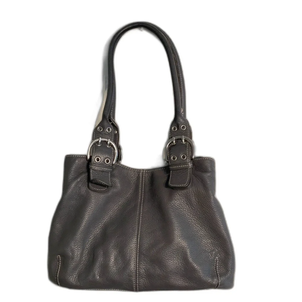 TIGNANELLO Medium Gray Pebbled Leather Shoulder Tote Satchel Purse Bag GUC